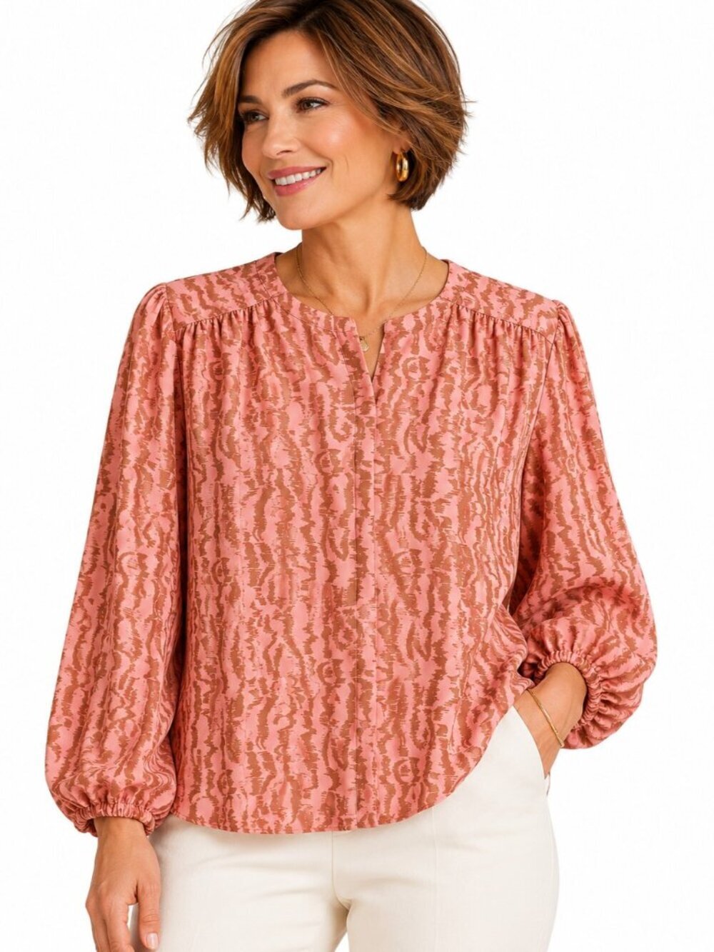 Elizabeth and James Pink Tan Balloon Sleeve Blouse